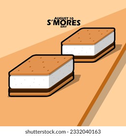 Delicious snack biscuit sandwich with marshmallow and chocolate filling served on brown table, with bold text to celebrate National S'mores Day on August 10