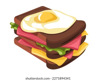 Delicious snack with bread, fried egg, vegetables and ham, cheese slices. Isolated sandwich, grab and go fast food. Restaurant or shop menu, cafe meal. Tasty product for dinner. Vector in flat style