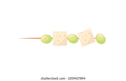 Delicious snack of cheese cubes and olives to wine. Small ingredients on thin toothpick. Delicious snack for white wine isolated vector illustration.