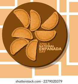 Delicious snack named Empanada served on a wooden plate and bold text on light brown background to celebrate National Empanada Day on April 8