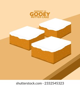Köstlicher Snack, der gewöhnlich Gooey Butter Cake auf braunem Tisch heißt, mit kühnem Text zum Feiern des Nationalen Gooey Butter Cake Day am 12. August
