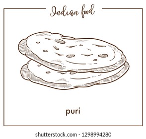 Deliciosos dulces y calientes puros de purí de comida tradicional india. El pan es muy sabroso y redondo. Producto de panadería oriental aislado dibujos animados planos monocromo ilustración vectorial sobre fondo blanco.