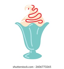 Delicious soft serve ice cream sundae with swirls of syrup in a colorful dish