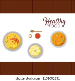 Delicious soups on table