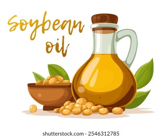 Delicious soybean oil cartoon illustration isolated on white background. Vector icon of glass decanter with golden soybean oil, with bowl of fresh soybeans and green leaves. Flavors of Asian cuisine