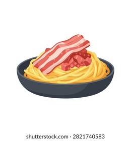 Delicious Spaghetti Carbonara Pasta with Crispy Bacon Strips in a Bowl Isolated on White Background
