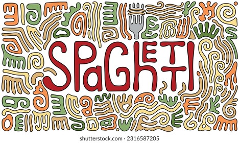 Delicious Spaghetti Doodle Drawing in Gummy Abstract Shapes for Menu or Packaging Purposes