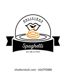 delicious spaghetti logo design with a mouth that eat noodle from a dish illustration