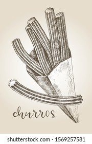 Delicious spanish dessert churros. Food elements collection. Ink hand drawn Vector illustration. Menu or signboard template.