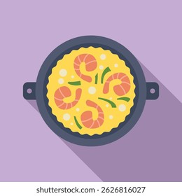 Delicious spanish paella is being cooked in a pan with shrimps and green onions