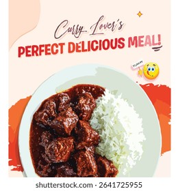 Delicious spicy curry with rice, perfect meal for curry lovers, vibrant food poster with bold text and playful emoji accents.