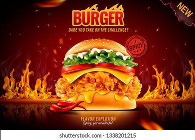 Delicious spicy fried chicken burger ads with burning fire in 3d illustration