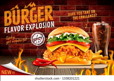 Delicious spicy fried chicken burger ads with burning fire and set menu in 3d illustration