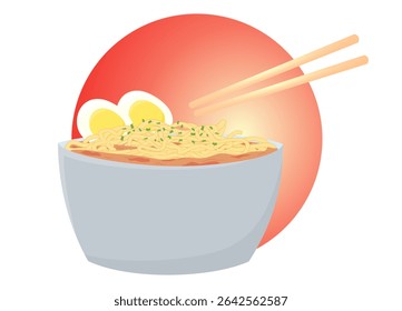 Delicious Spicy Noodle Ramen Japanese Food with boiled eggs and Chopstick Vector Illustration.