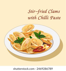 Delicious Spicy Stir-Fried Clams with Chili and Basil Vector illustration Thai food isolated on a yellow background