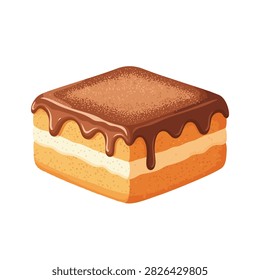 Delicious Square Tiramisu Slice with Chocolate Ganache Drip and Cocoa Powder Topping Illustration
