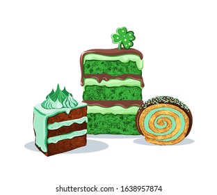 
Delicious St Patricks Day Green Desserts .
Mint Chocolate Cakes and Biscuit Roll . Set of isolated objects on a white background. Vector illustration.
