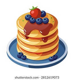 Delicious stack of fluffy pancakes with fresh berries and syrup drizzle on blue plate for breakfast delight.