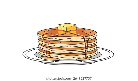 A delicious stack of golden brown pancakes generously topped with a melting pat of butter and drizzled with sweet maple syrup