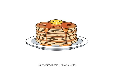 Delicious stack of golden brown pancakes topped with melting butter and rich maple syrup served on a white plate