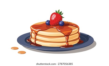 Delicious stack of golden pancakes generously drizzled with rich syrup and topped with fresh strawberries and blueberries, ready for a delightful breakfast or brunch.