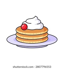 A delicious stack of three golden-brown pancakes topped with fluffy whipped cream and a bright red cherry, served on a light purple plate.