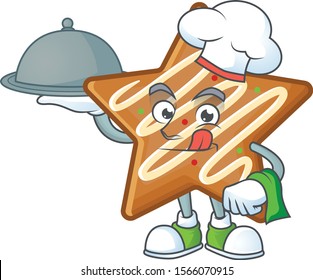 Delicious star cookies with character chef holding food shape