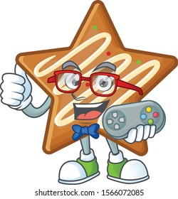 Delicious star cookies with character holding gamer shape