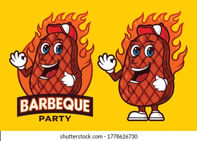 Delicious steak logo template with funny cartoon character