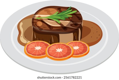 Delicious steak with sauce and orange slices