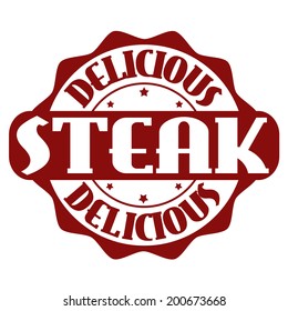 Delicious steak stamp or label on white, vector illustration