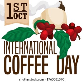 
Delicious, steamy coffee beverage in mug over branch with mature berries and ribbon made with gunny sack promoting International Coffee Day celebration this 1st October.
