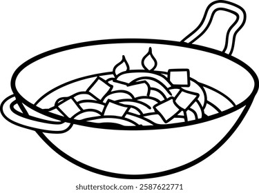 Delicious stir fry outline black and white line art of a bowl of mixed vegetables and noodles