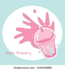 Delicious strawberry bubble; simple background with fresh milk splash in pastel colors Refreshing drink concept.