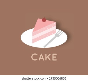 Delicious strawberry cake on white plate with brown background.