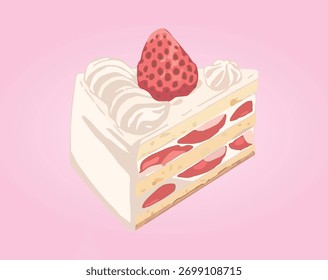 Delicious strawberry cake slice with fruit topping isolated vector illustration on pink background