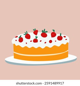 Delicious strawberry cake with whipped cream icing, perfect for celebrations, birthdays, and special occasions. A beautifully decorated dessert illustration for bakery and food themes