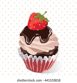 Delicious Strawberry and chocolate Cupcakes on Retro dotted pattern Vector