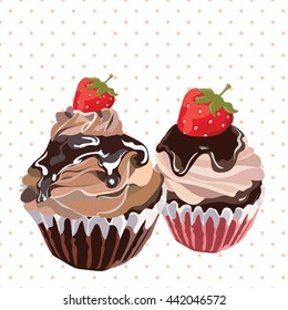 Delicious Strawberry and chocolate Cupcakes on Retro dotted pattern Vector