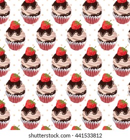 Delicious Strawberry and chocolate Cupcakes pattern Vector