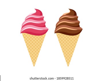 Delicious strawberry and chocolate ice cream cone icons set vector. Strawberry ice cream cone vector. Chocolate ice cream vector. Fresh pink and brown ice cream icons isolated on a white background