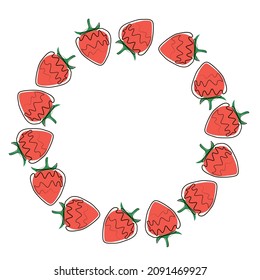 Deliciosa fresa, recolectada en una composición en círculo sobre un fondo blanco. Marco redondo de frutas exóticas y de jardín. Concepto de nutrición natural saludable. Tarjeta de felicitación vectorial para su diseño