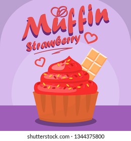 Delicious Strawberry Cupcake Social media Banner. Tasty Dessert Cartoon Illustration. Berry Muffin with White Chocolate and Icing. Pastry Shop, Confectionery, Bakery Flat Color Poster Template