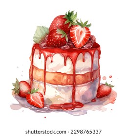 Delicioso postre o tarta de fresa. Pintado con colores acuáticos. fondo blanco, ilustración vectorial