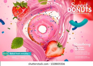 Delicious strawberry donut with fresh fruits and splashing sauce, 3d illustration
