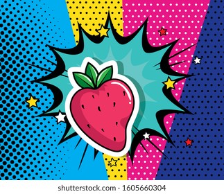 delicious strawberry with explosion pop art style icon vector illustration design