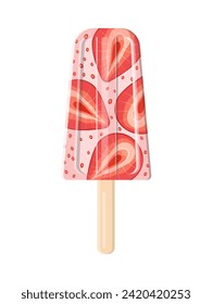 Delicious strawberry fruit ice cream on a stick. Vector image on a white background. Front view.