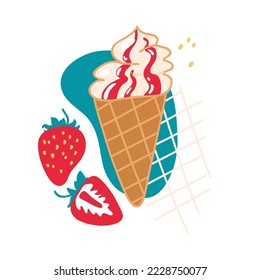 Delicious strawberry ice cream. Fresh healthy whole and cut strawberries. Refreshing dessert in a waffle cone. Illustration in cartoon style for printing on textiles, clothes. Label template.