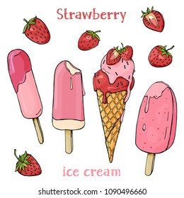 Delicious strawberry ice cream and strawberries. Ice cream melts in the summer heat. Stylish, set on white background. Vector illustration in sketch style.