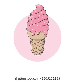 Delicious Strawberry Ice Cream in Sugar Waffle Cup Cone with Multi-Colored Sprinkles Vector Illustration. Mr. Whippy Ice Cream. Sweet Summer Dessert.